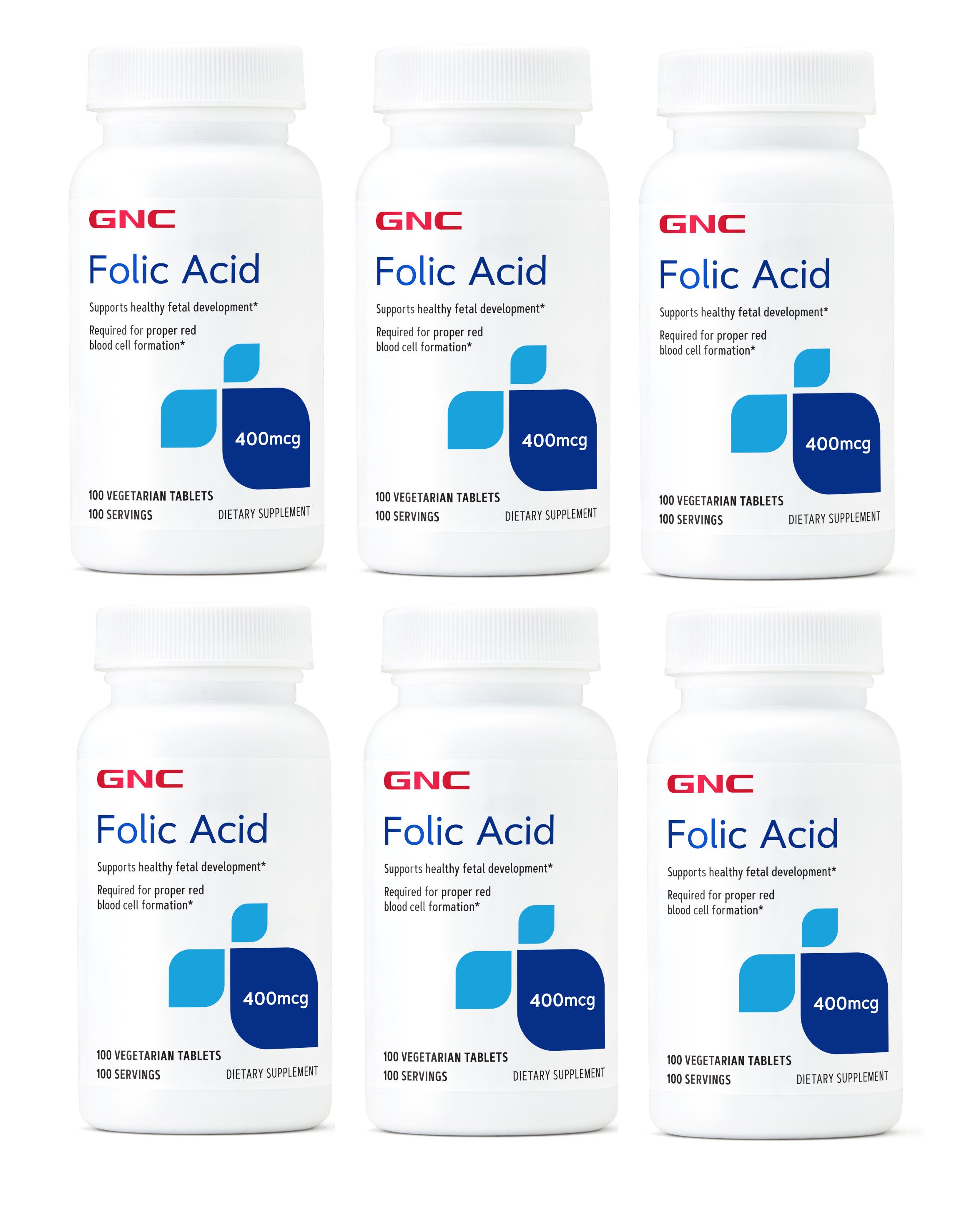 GNC Folic Acid 400 mcg, 100 Vegetarian Tablets x 6